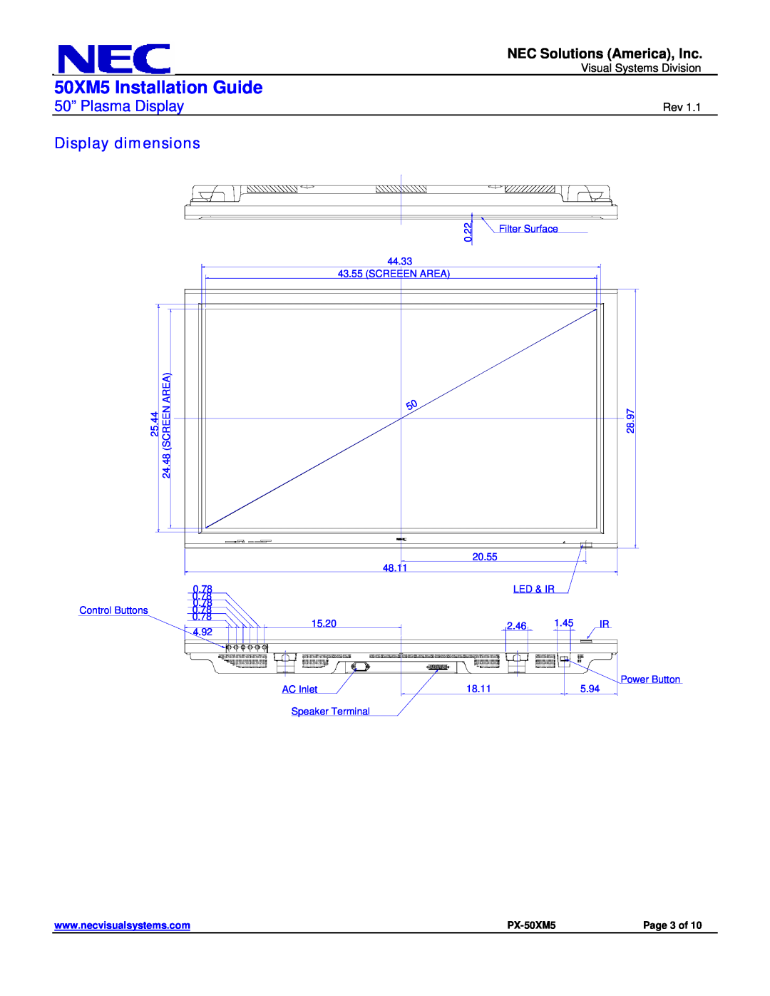 NEC Display dimensions, 50XM5 Installation Guide, 50” Plasma Display, NEC Solutions America, Inc, PX-50XM5, Page 3 of 