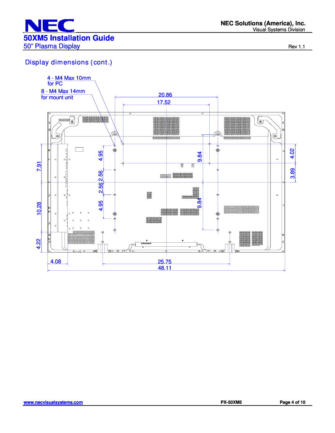 NEC Display dimensions cont, 50XM5 Installation Guide, 50” Plasma Display, NEC Solutions America, Inc 