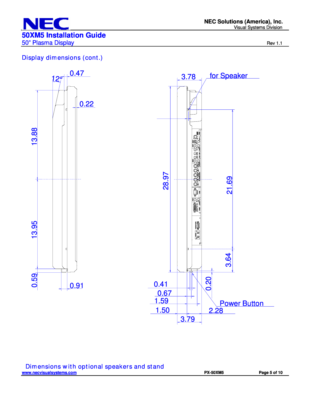 NEC Dimensions with optional speakers and stand, 50XM5 Installation Guide, 0.47, 0.59, 0.91, 0.41, 0.67, PX-50XM5 