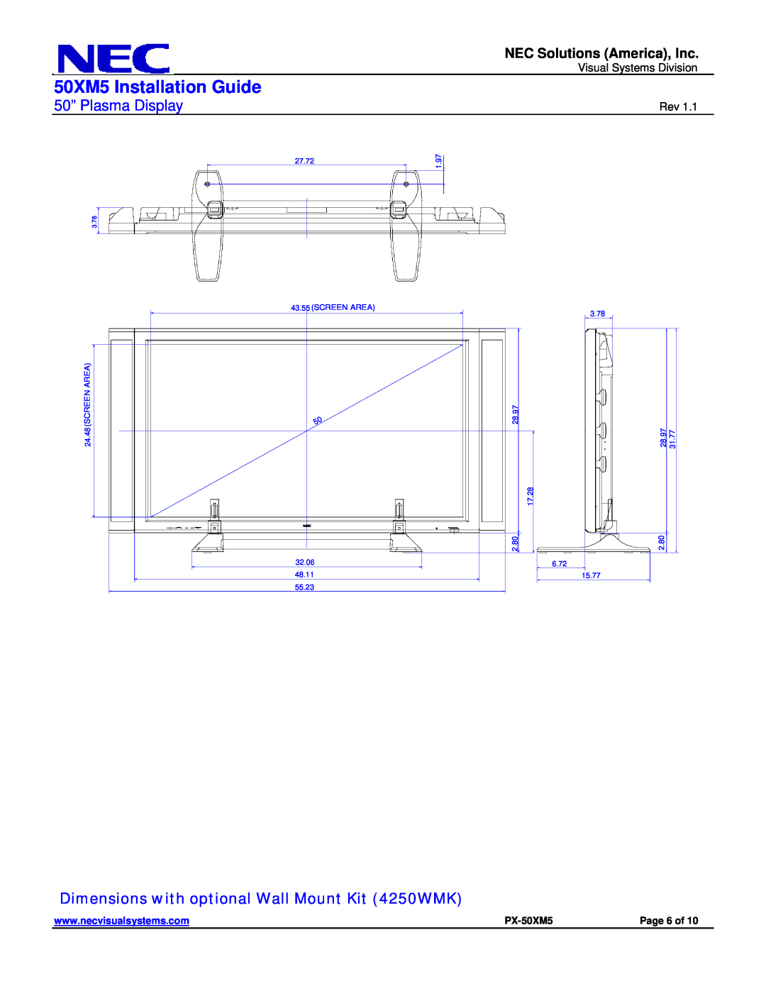 NEC Dimensions with optional Wall Mount Kit 4250WMK, 50XM5 Installation Guide, 50” Plasma Display, PX-50XM5, Page 6 of 