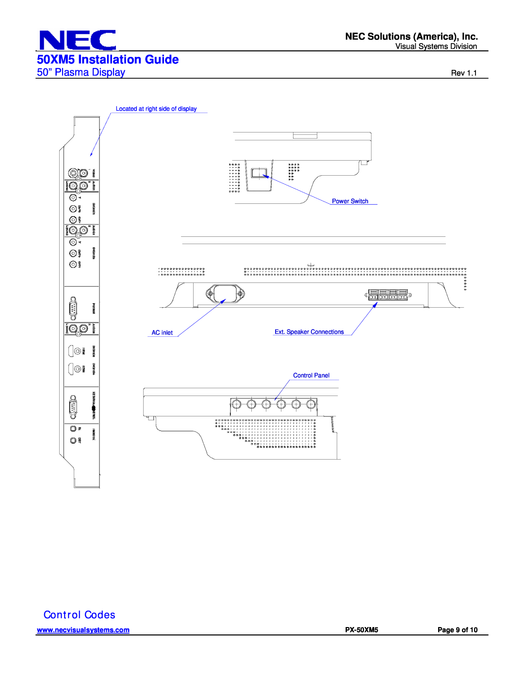 NEC Control Codes, 50XM5 Installation Guide, 50” Plasma Display, NEC Solutions America, Inc, PX-50XM5, Page 9 of 