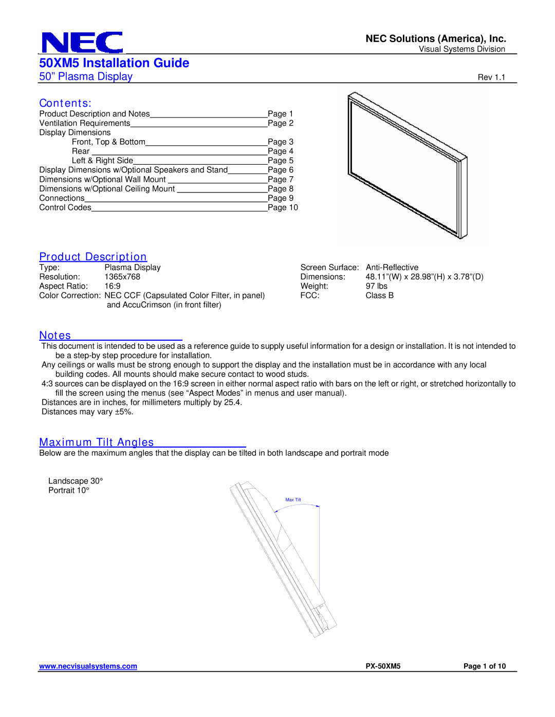 NEC 50XM5 dimensions Contents, Product Description, Maximum Tilt Angles 