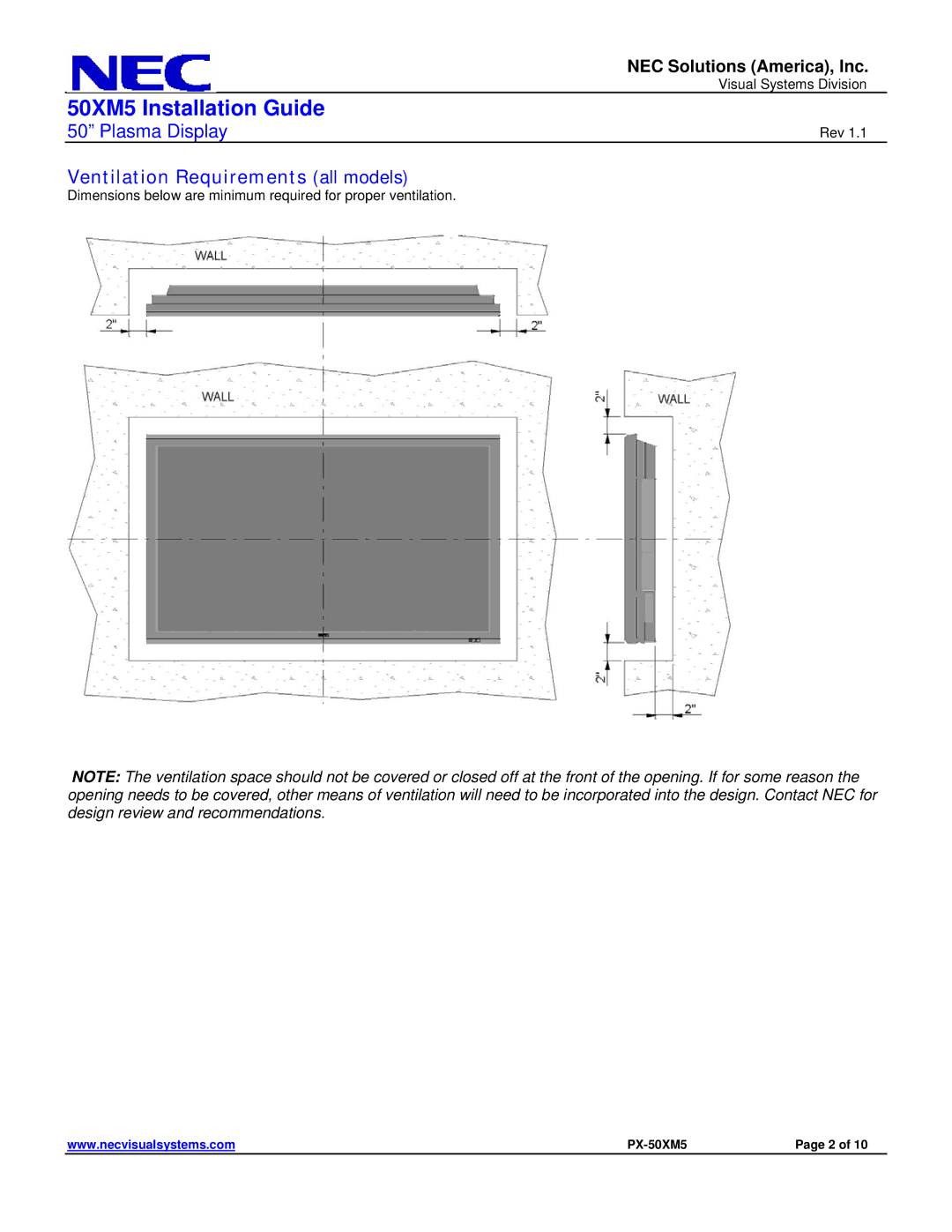 NEC 50XM5 dimensions Ventilation Requirements all models 