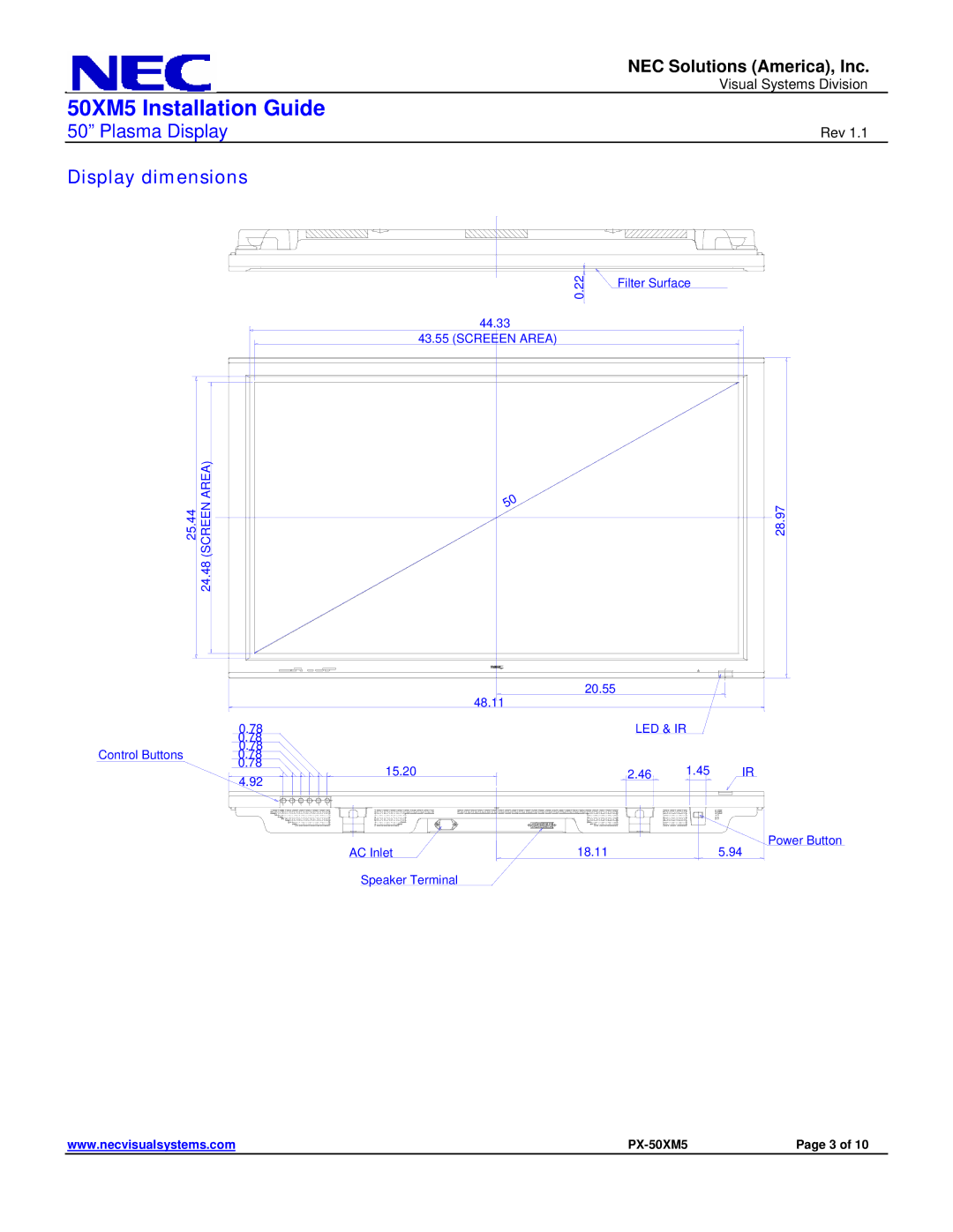 NEC 50XM5 Display dimensions 