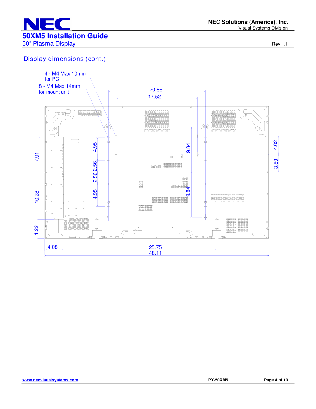 NEC dimensions 50XM5 Installation Guide 