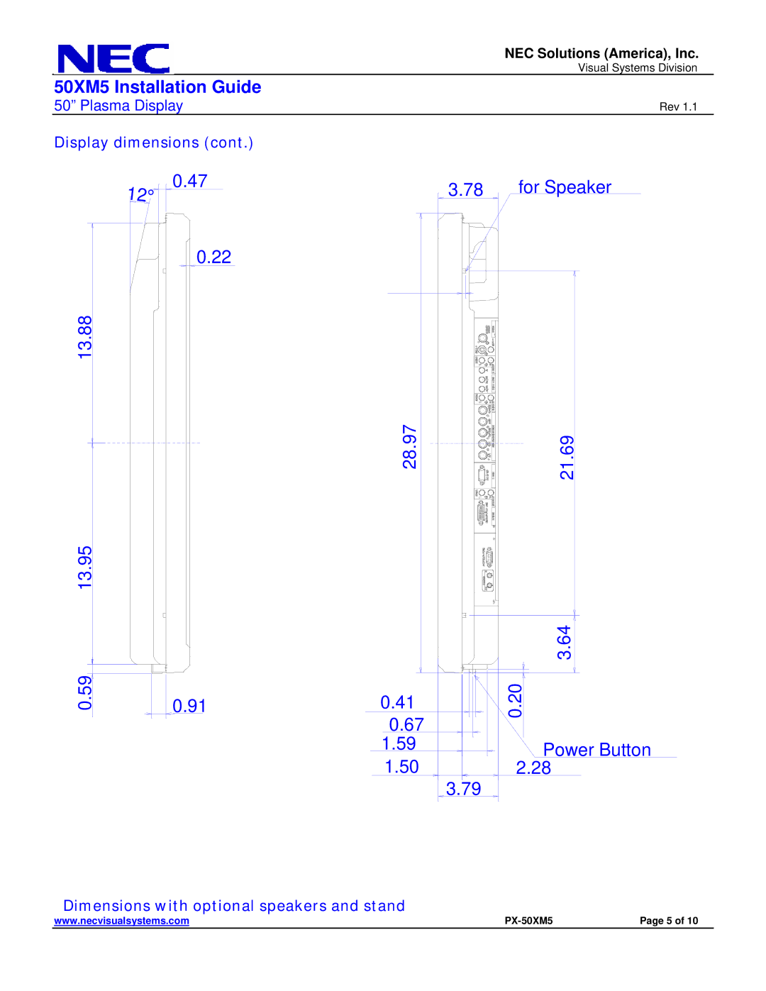 NEC 50XM5 dimensions Dimensions with optional speakers and stand 