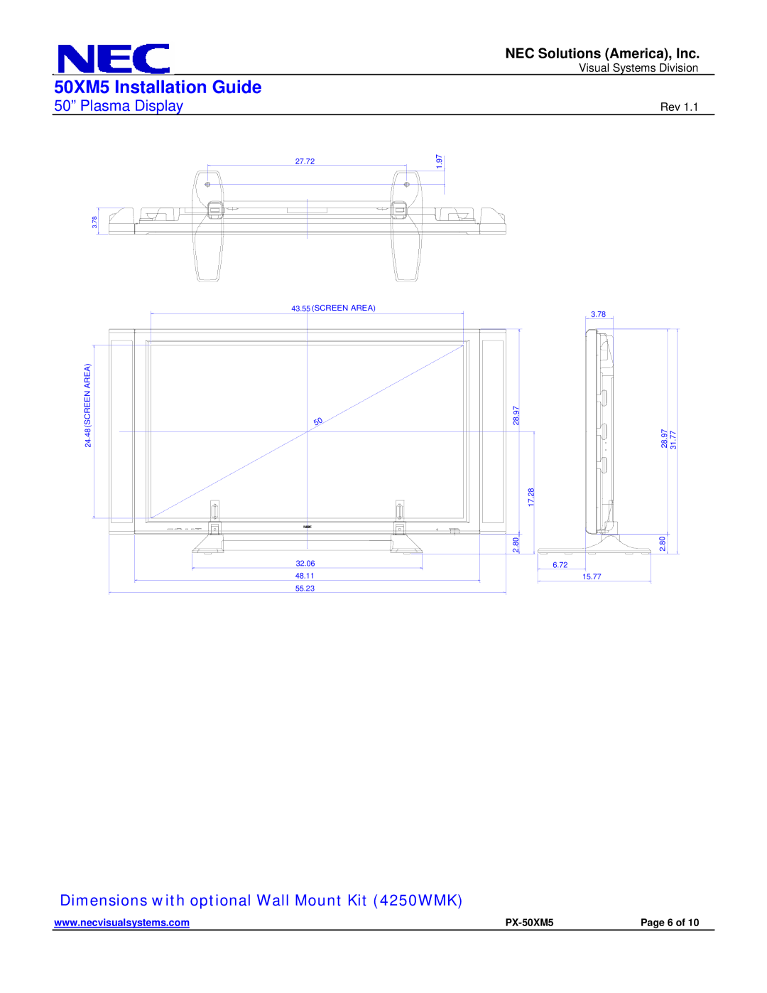 NEC 50XM5 dimensions Dimensions with optional Wall Mount Kit 4250WMK 