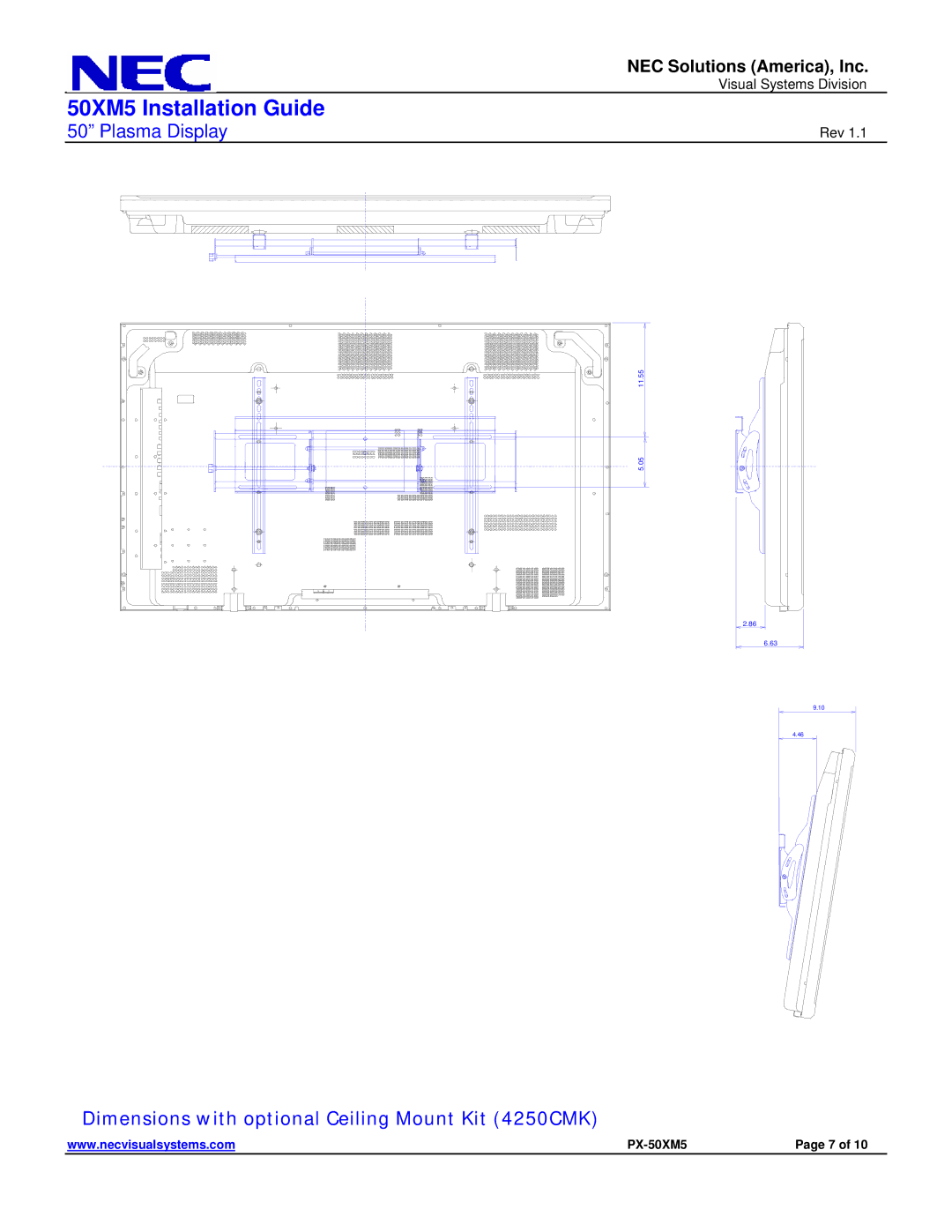 NEC 50XM5 dimensions Dimensions with optional Ceiling Mount Kit 4250CMK 