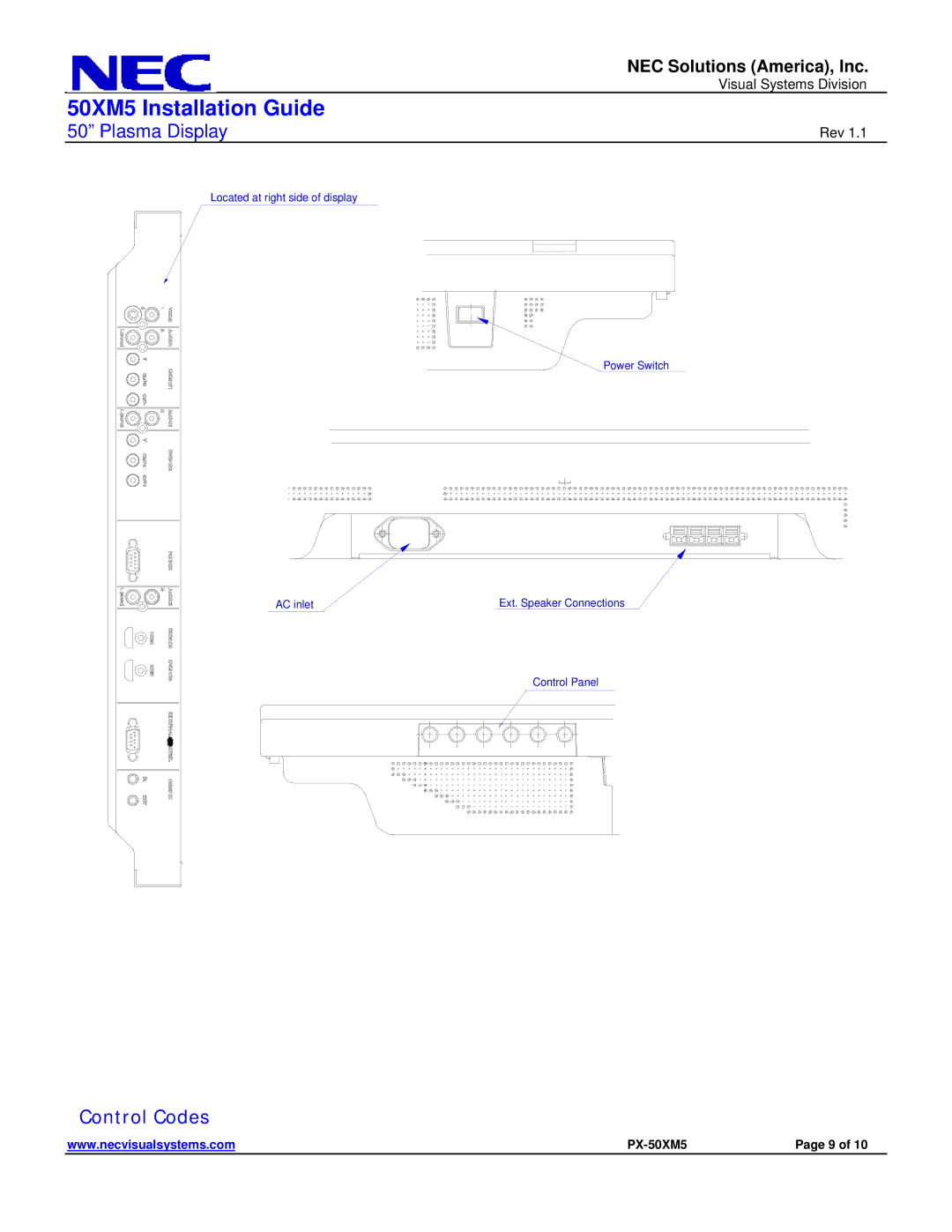 NEC 50XM5 dimensions Control Codes 