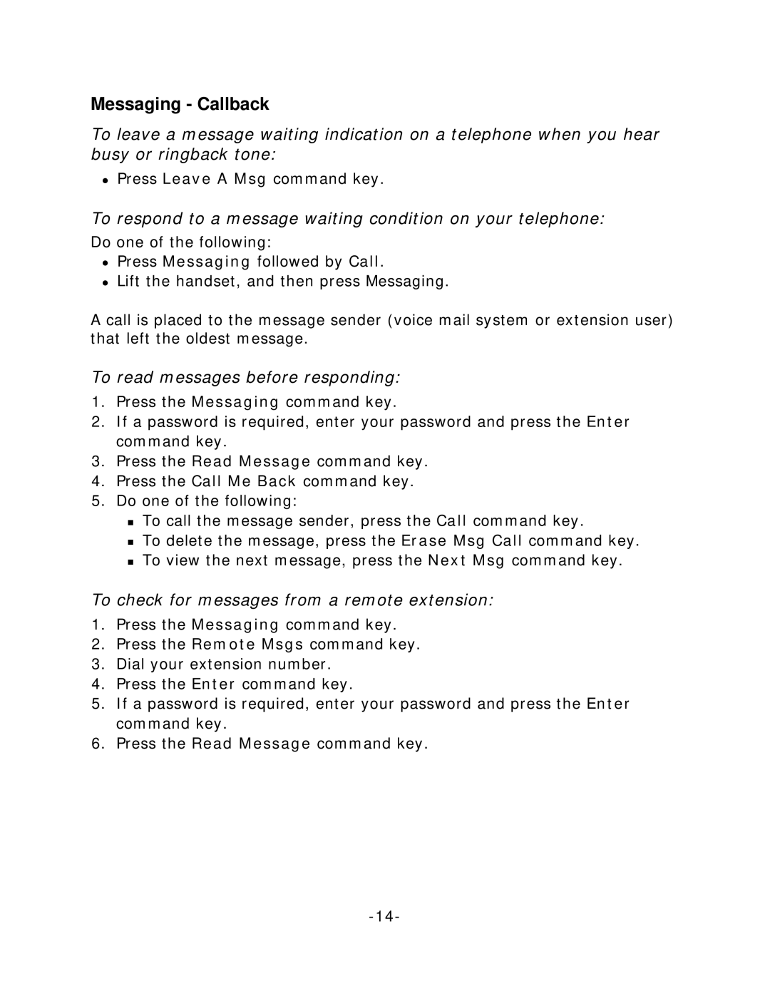 NEC 5140 manual Messaging Callback, To respond to a message waiting condition on your telephone 