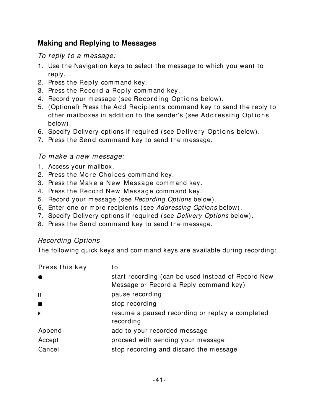 NEC 5140 Making and Replying to Messages, To reply to a message, To make a new message, Recording Options, Press this key 