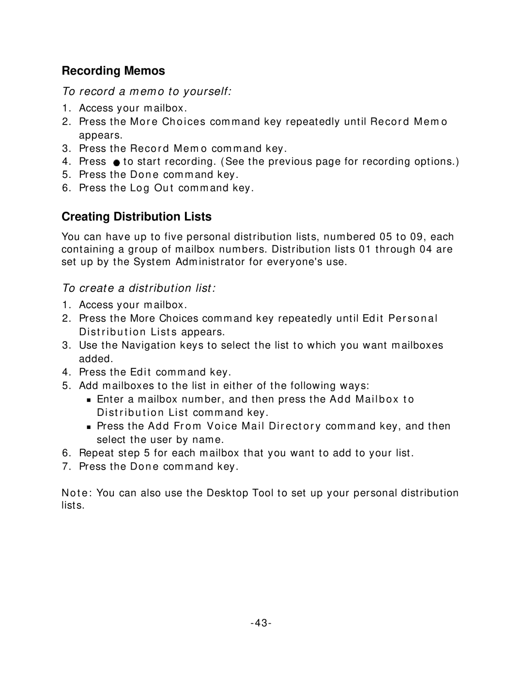 NEC 5140 manual Recording Memos, Creating Distribution Lists, To record a memo to yourself, To create a distribution list 