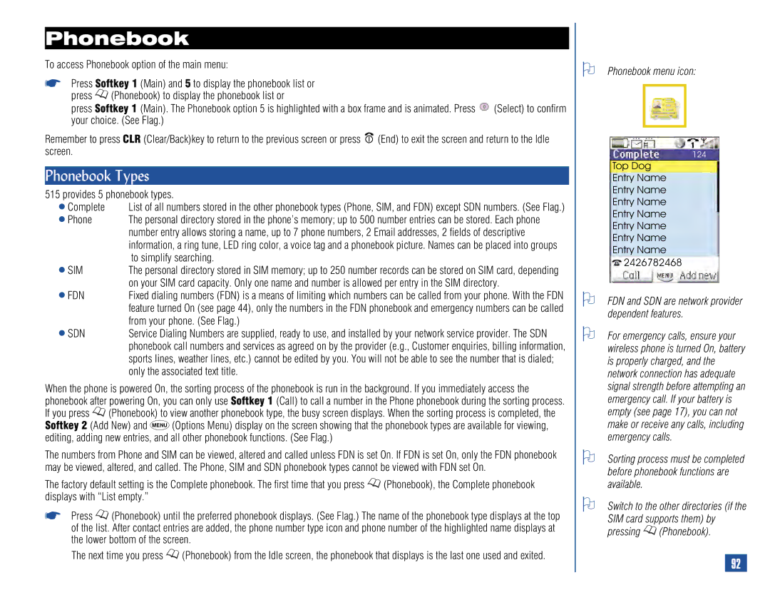 NEC 515 owner manual Phonebook Types, Phonebook menu icon, FDN and SDN are network provider dependent features 