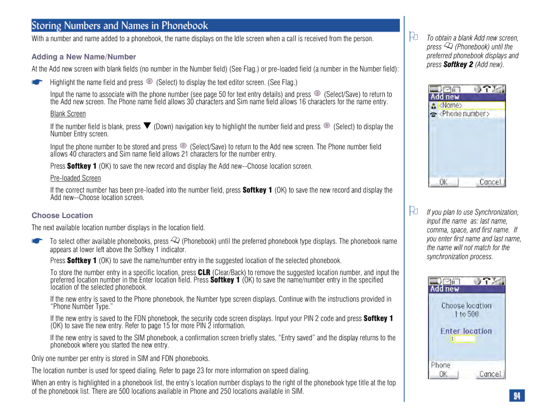 NEC 515 owner manual Storing Numbers and Names in Phonebook, Adding a New Name/Number, Choose Location 