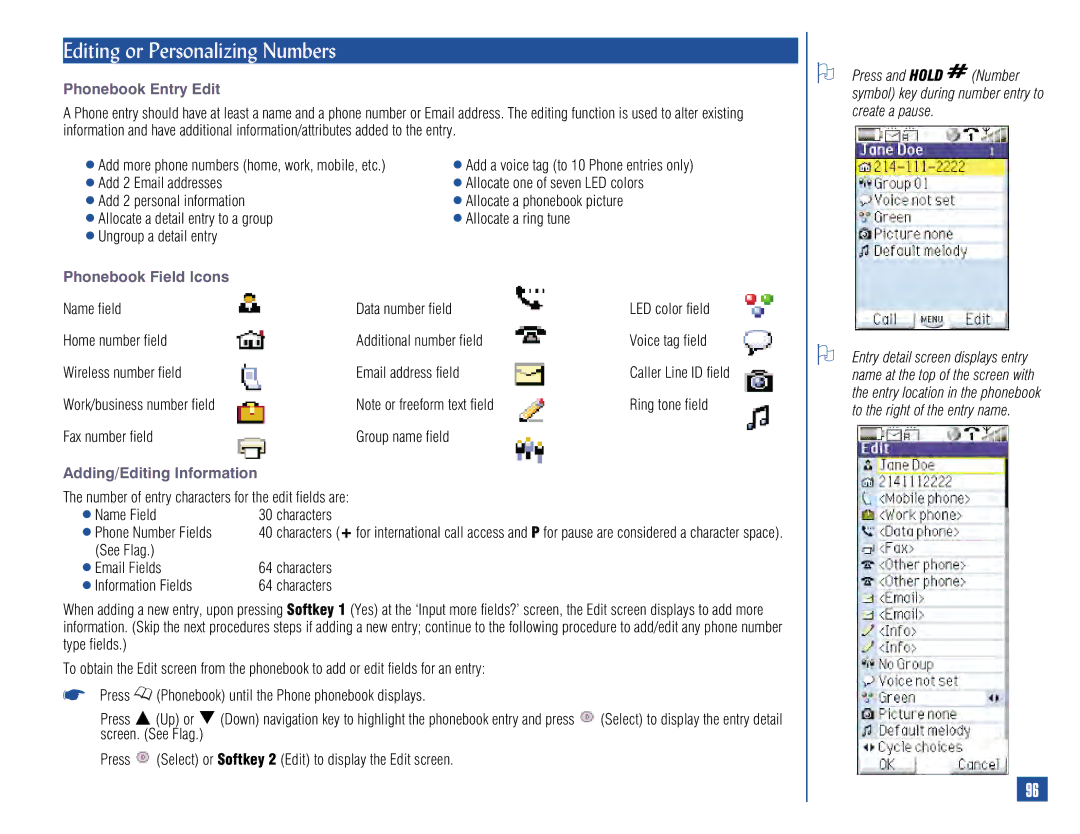 NEC 515 owner manual Editing or Personalizing Numbers, Phonebook Entry Edit, Ungroup a detail entry, Phonebook Field Icons 