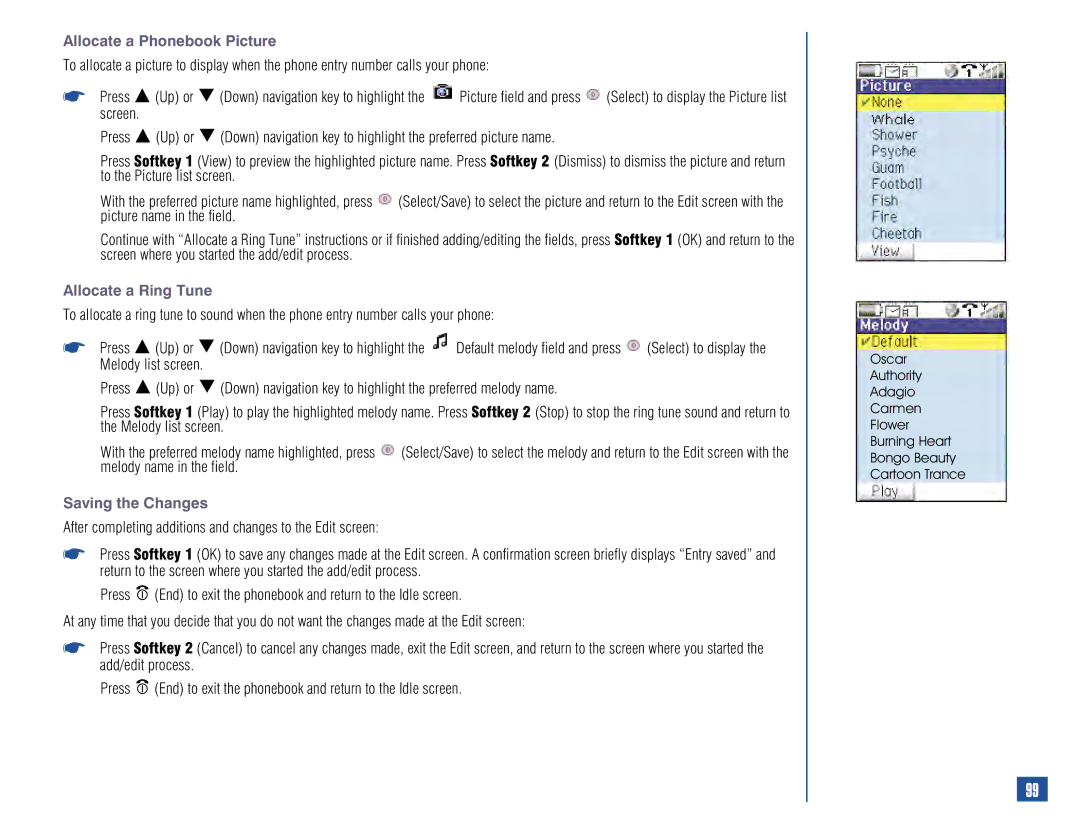 NEC 515 owner manual Allocate a Phonebook Picture, Allocate a Ring Tune, Saving the Changes 