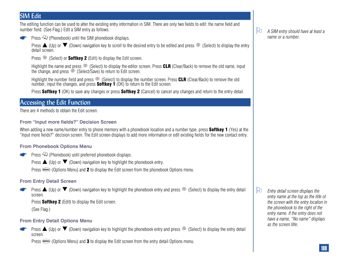 NEC 515 owner manual SIM Edit, Accessing the Edit Function, 100 