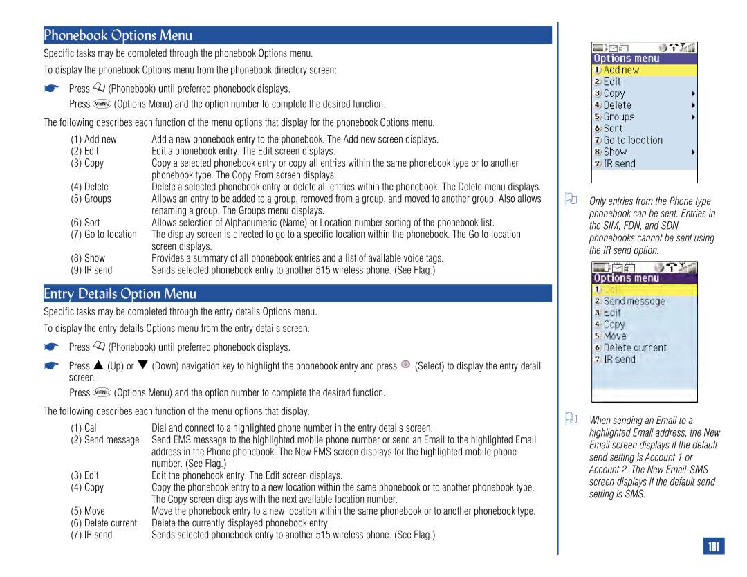 NEC 515 owner manual Phonebook Options Menu, Entry Details Option Menu, 101 