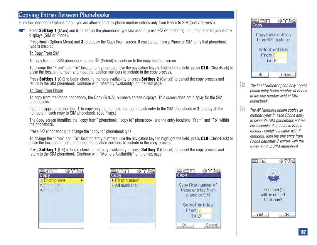 NEC 515 owner manual Copying Entries Between Phonebooks, 102 