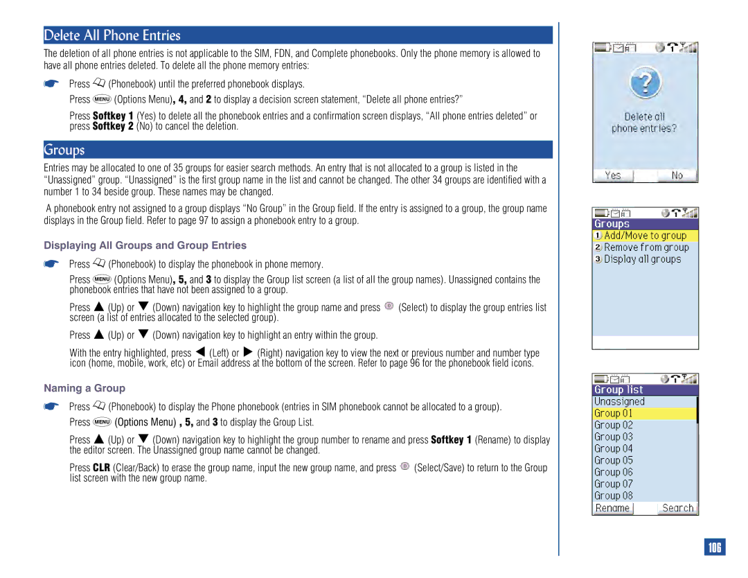 NEC 515 owner manual Delete All Phone Entries, 106, Displaying All Groups and Group Entries, Naming a Group 