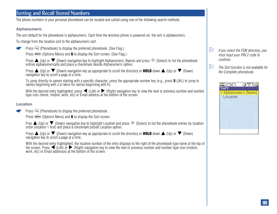 NEC 515 Sorting and Recall Stored Numbers, 109, Alphanumeric, To change from the location sort to the alphanumeric sort 