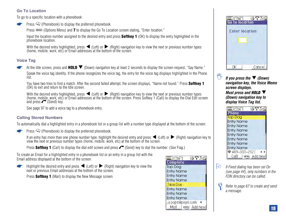 NEC 515 110, Go To Location, Voice Tag, Calling Stored Numbers, Press Softkey 1 Mail to display the New Message screen 