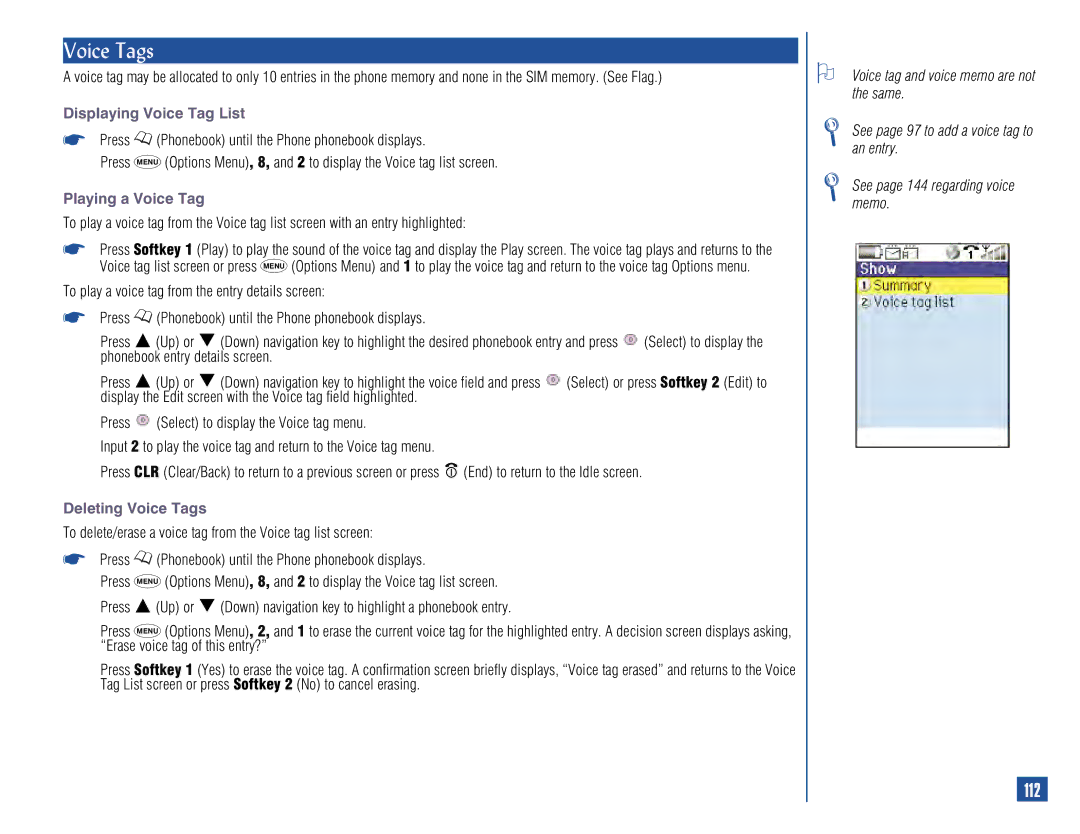 NEC 515 owner manual 112, Displaying Voice Tag List, Playing a Voice Tag, Deleting Voice Tags 