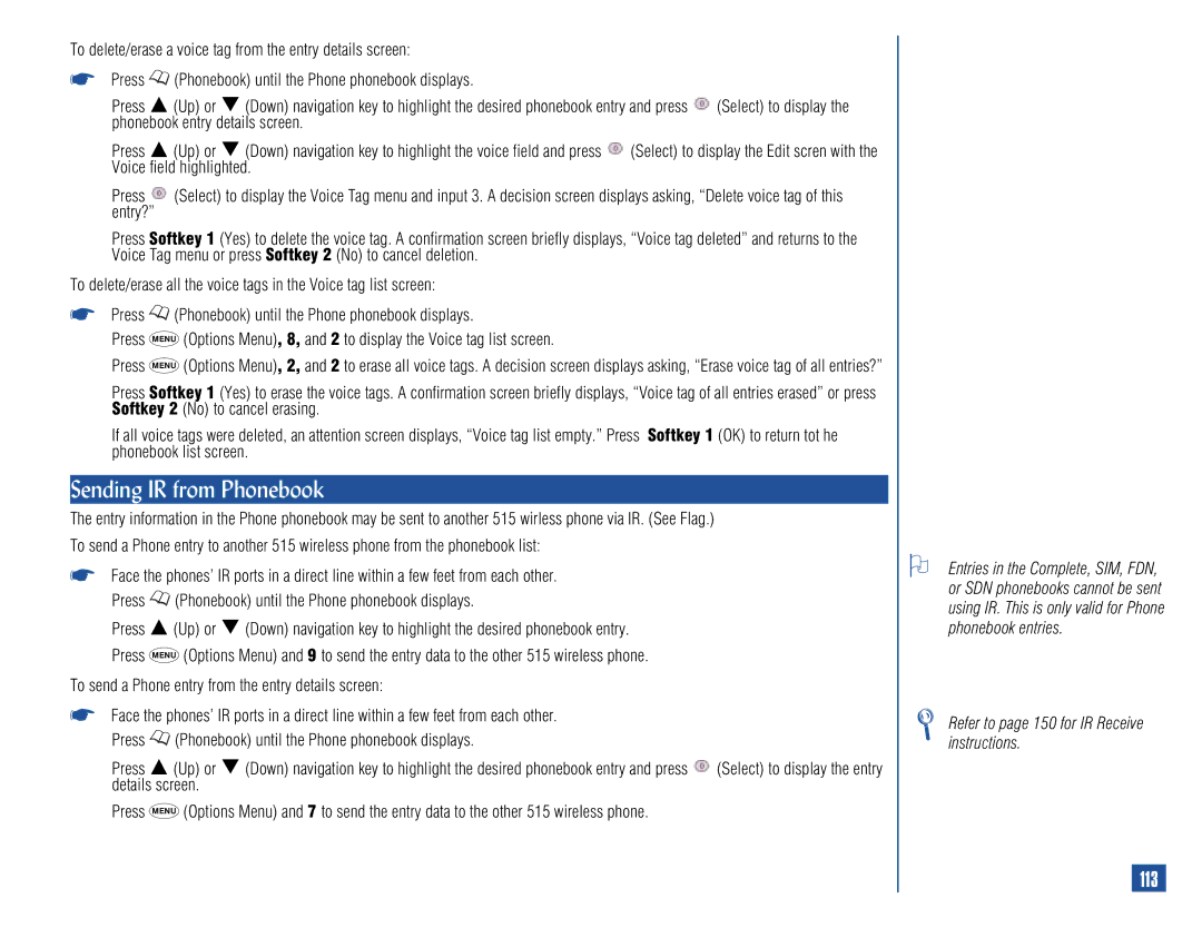 NEC 515 owner manual Sending IR from Phonebook, 113 