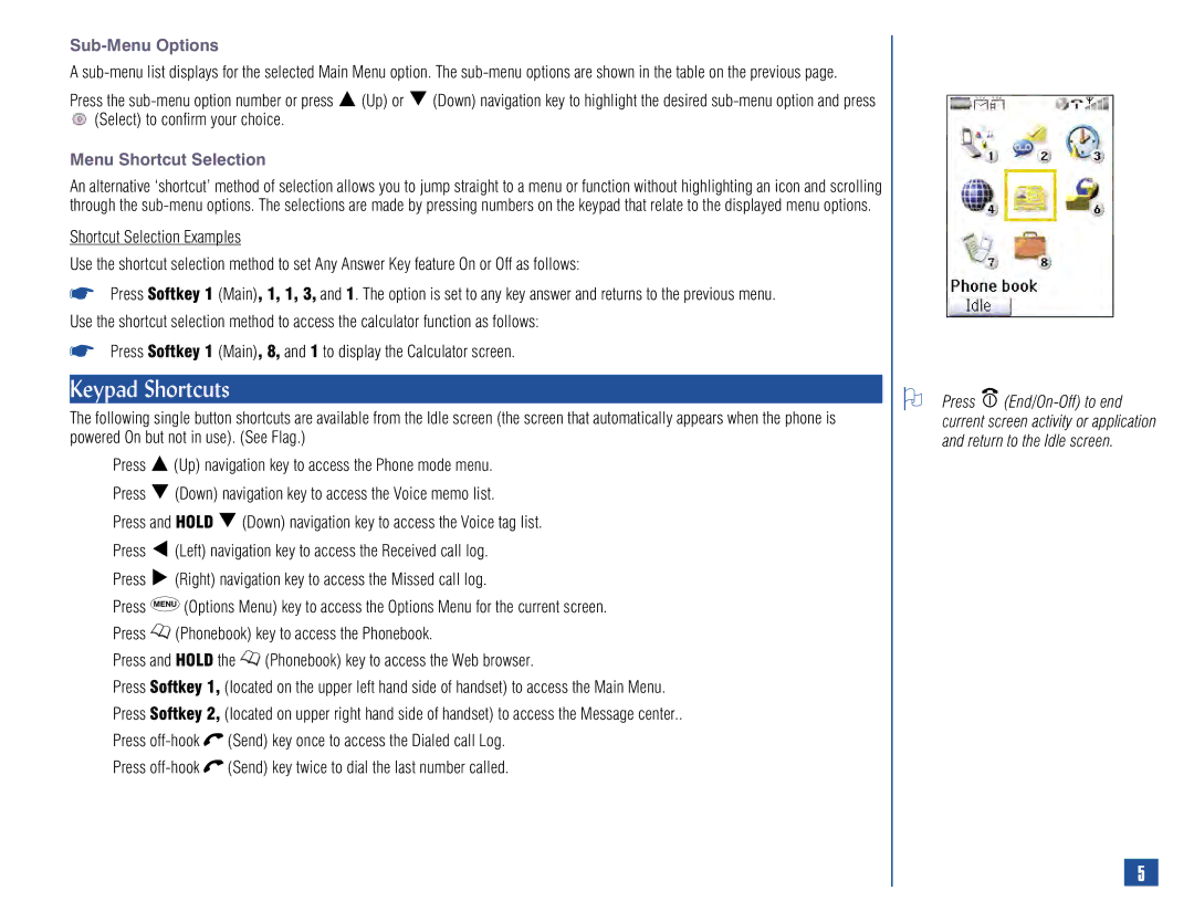 NEC 515 owner manual Keypad Shortcuts, Sub-Menu Options, Menu Shortcut Selection 