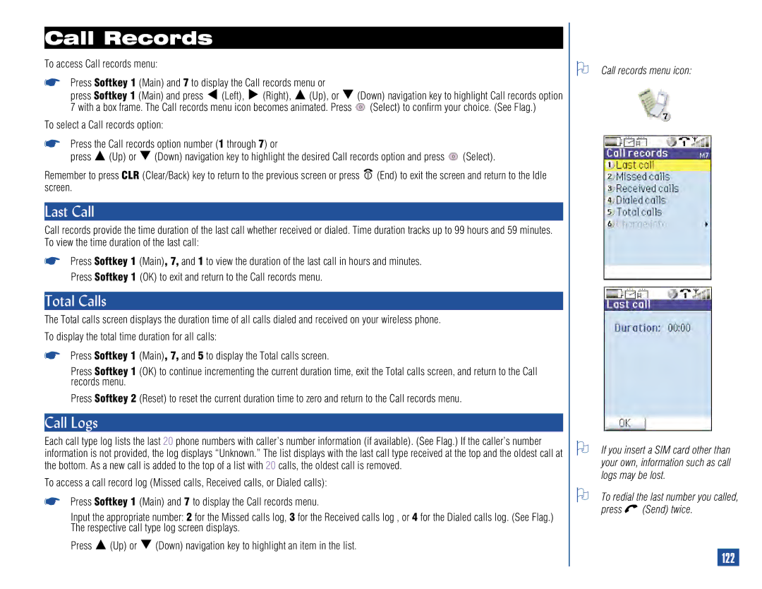 NEC 515 owner manual Call Records, Last Call, Total Calls, Call Logs, 122 