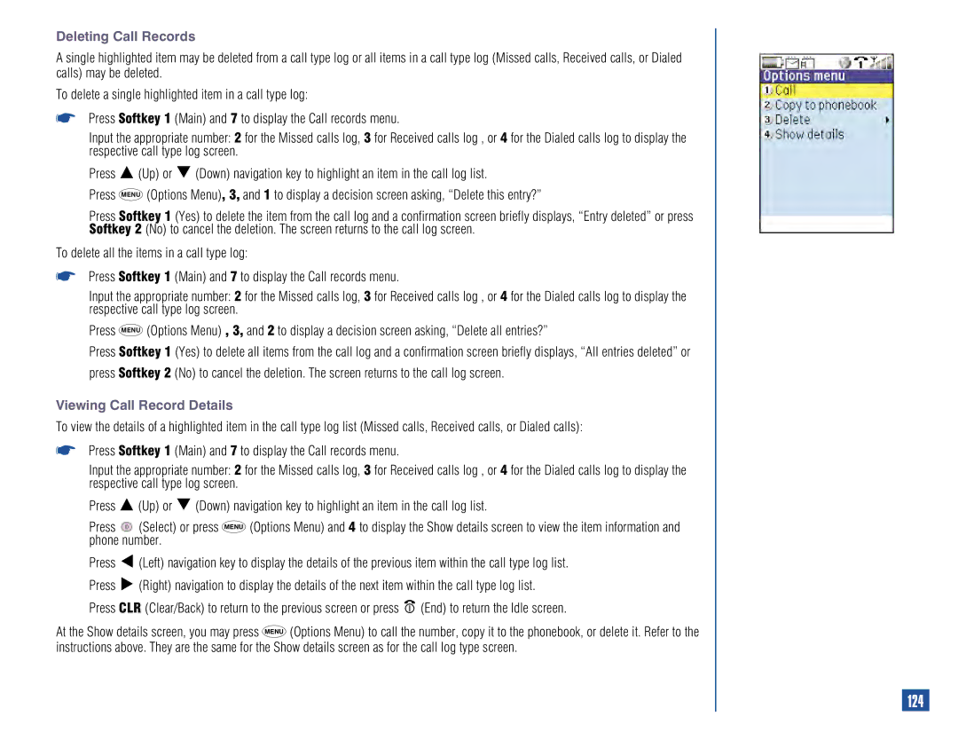 NEC 515 owner manual 124, Deleting Call Records, Viewing Call Record Details 