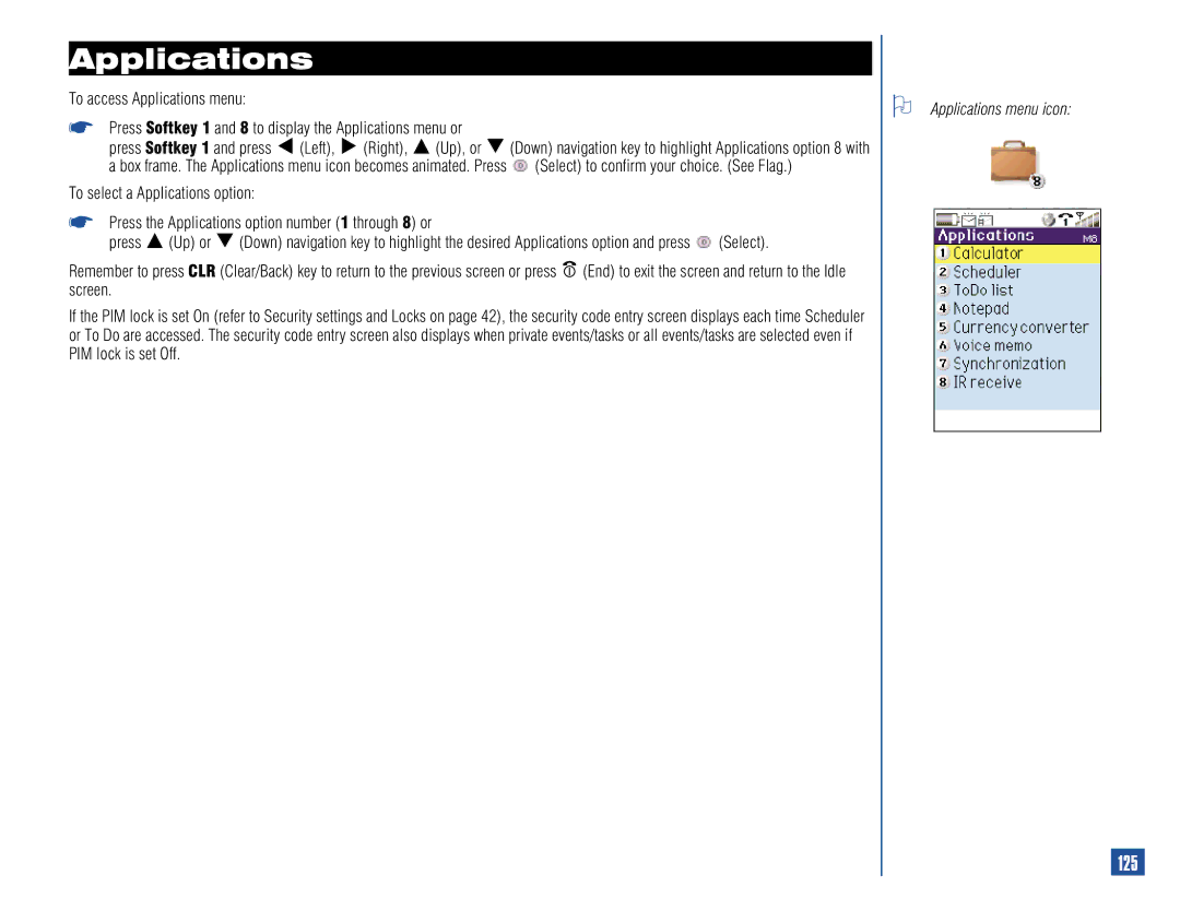 NEC 515 owner manual 125, Applications menu icon 