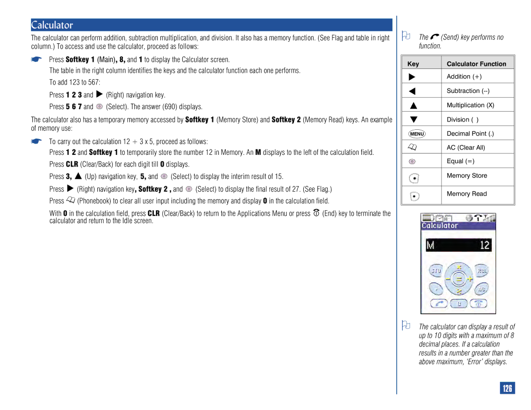 NEC 515 owner manual Calculator, 126, Send key performs no function 