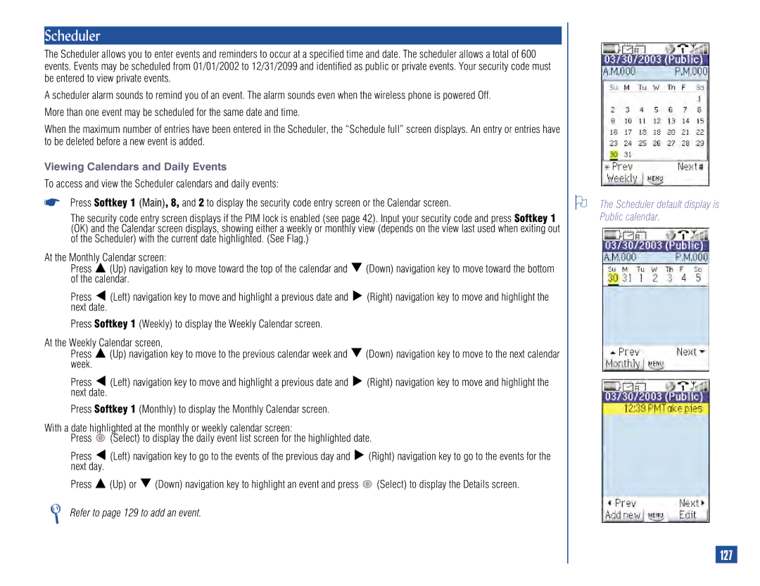 NEC 515 owner manual Scheduler, 127, Viewing Calendars and Daily Events, Refer to page 129 to add an event 