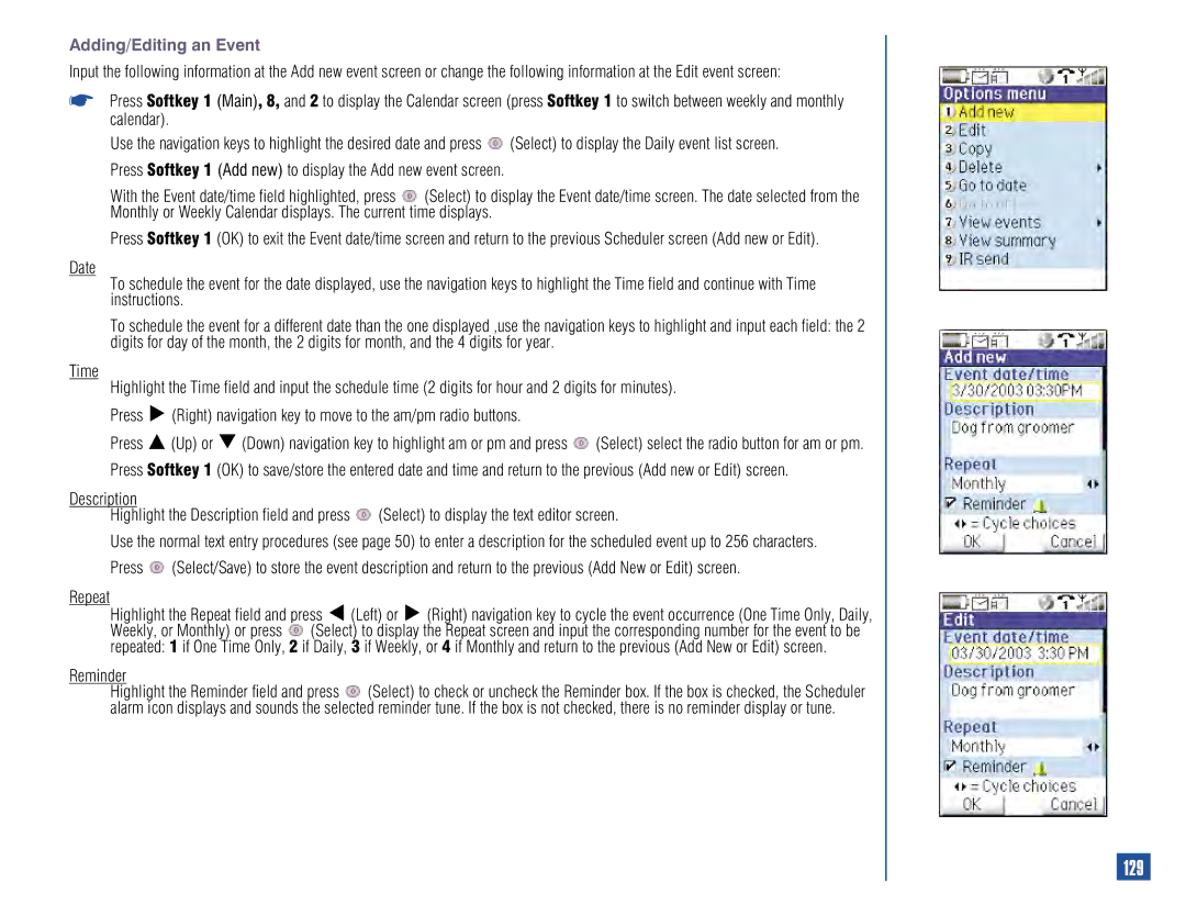 NEC 515 owner manual 129, Adding/Editing an Event, Reminder 