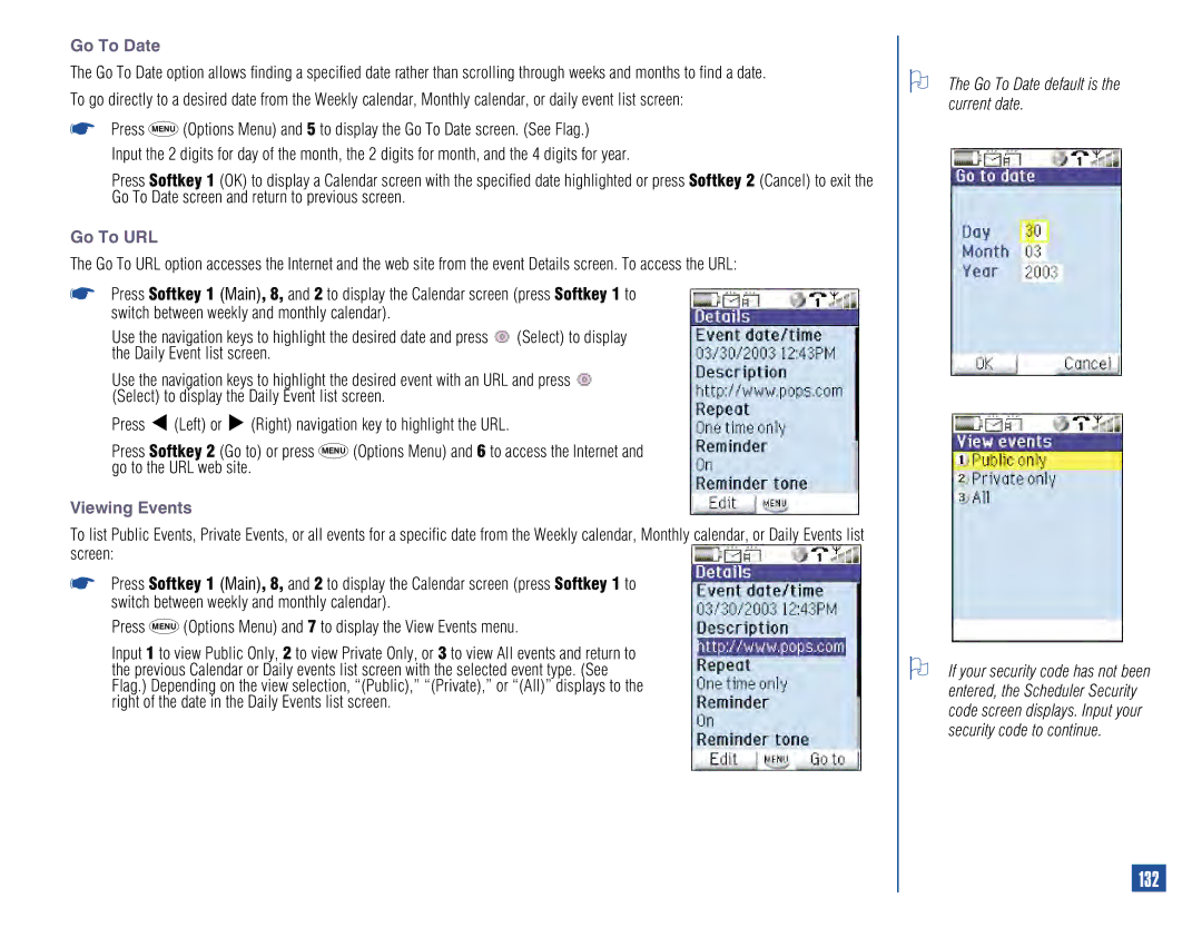 NEC 515 owner manual 132, Go To URL, Viewing Events, Go To Date default is the current date 