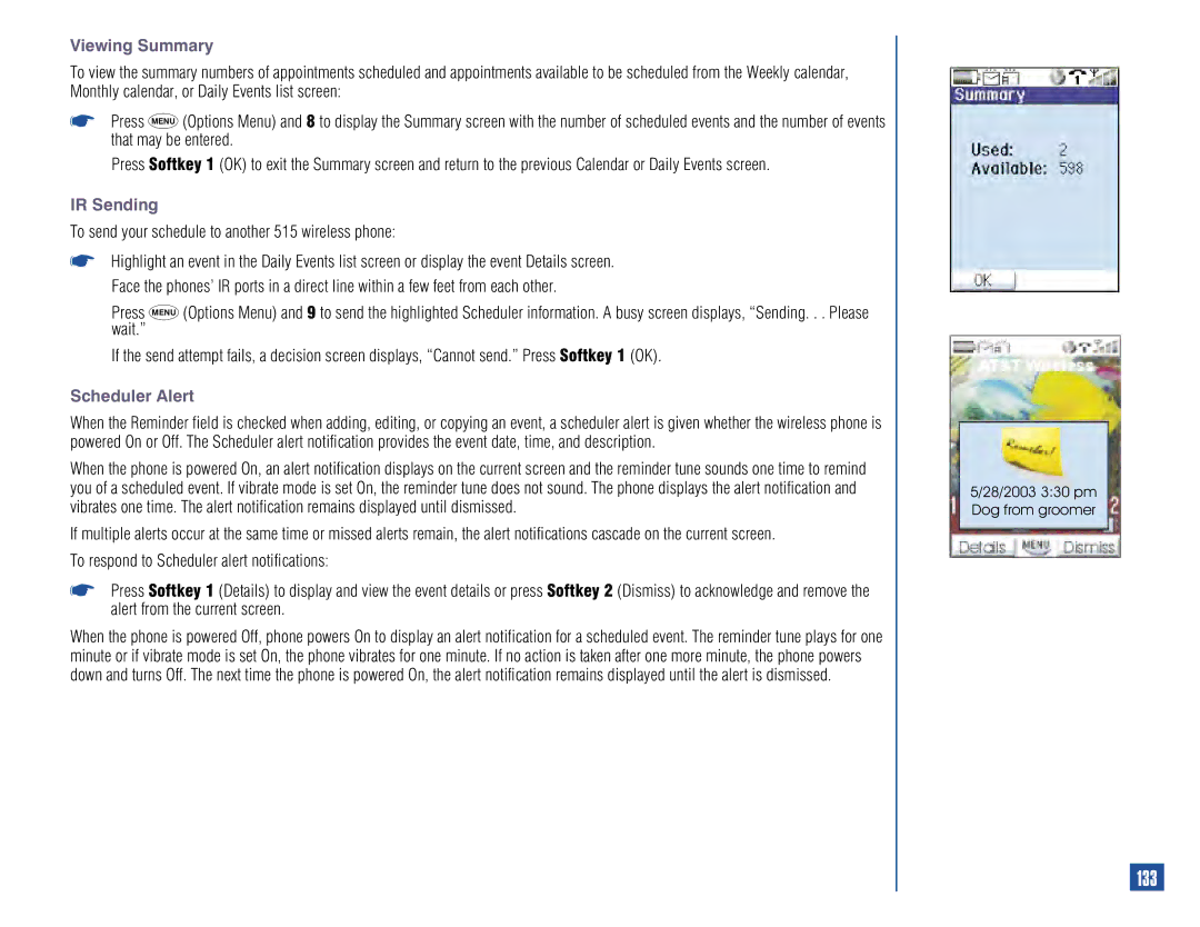 NEC owner manual 133, Viewing Summary, IR Sending, To send your schedule to another 515 wireless phone, Scheduler Alert 