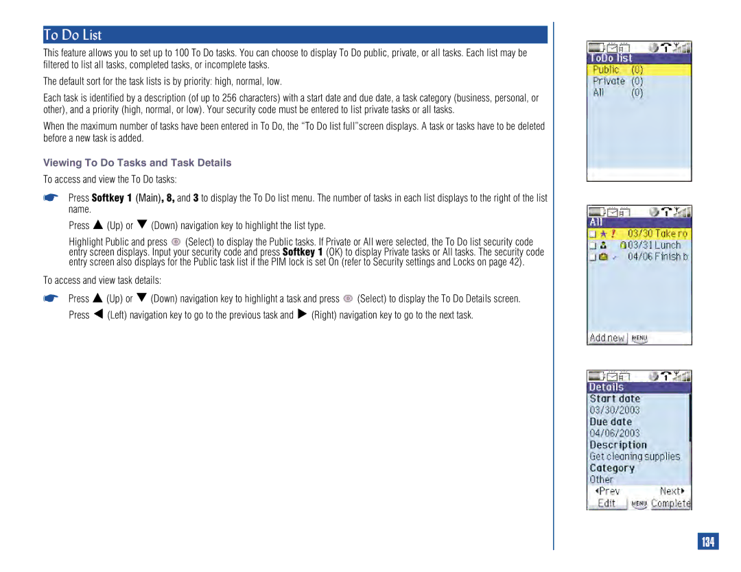 NEC 515 owner manual To Do List, 134, Viewing To Do Tasks and Task Details, To access and view task details 