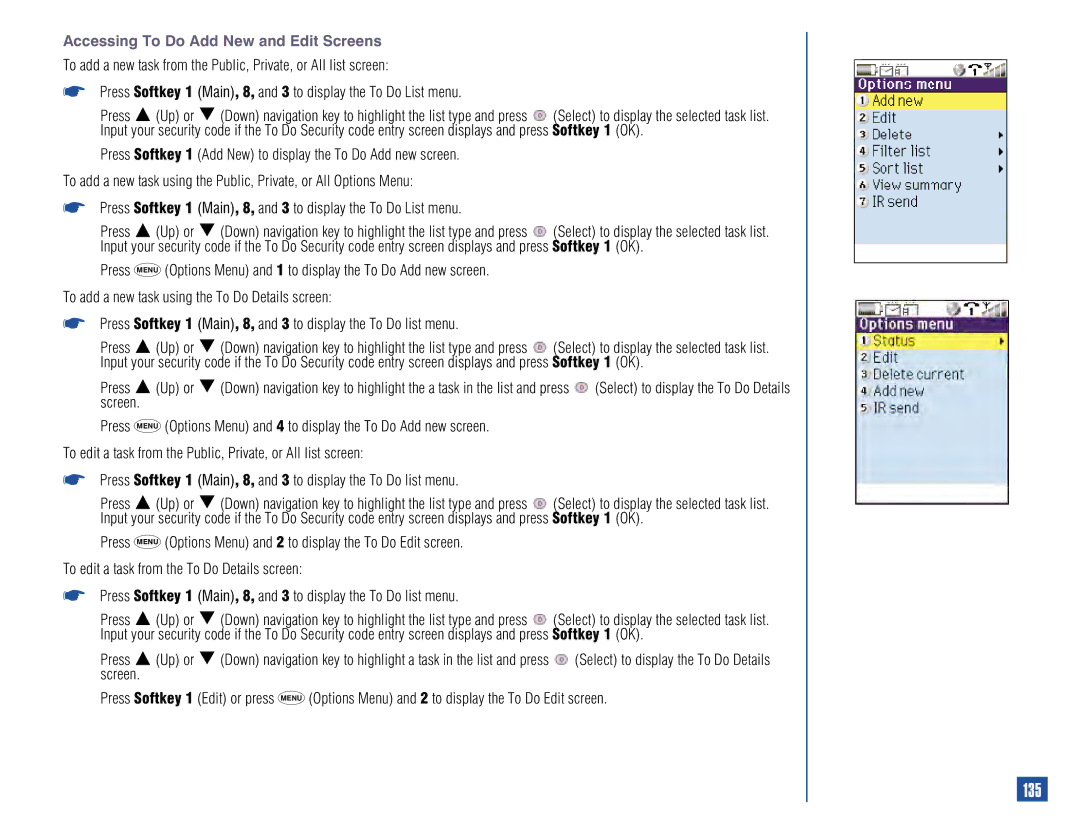 NEC 515 owner manual 135, Accessing To Do Add New and Edit Screens 