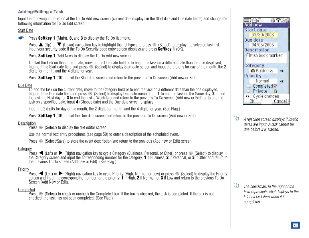 NEC 515 owner manual 136, Adding/Editing a Task, Due Date 