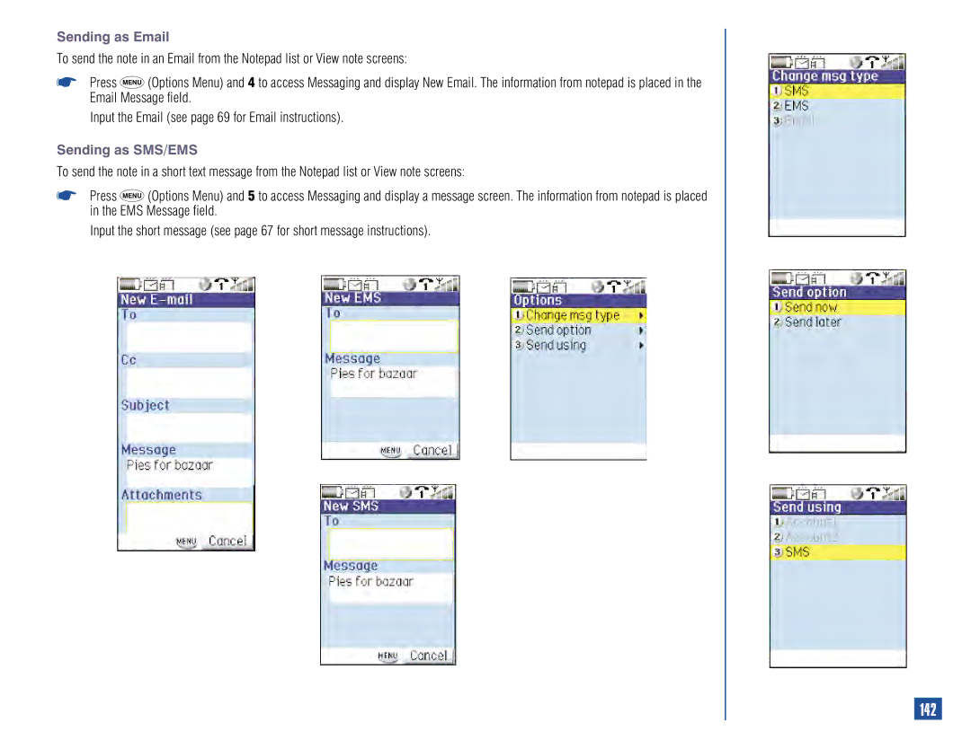 NEC 515 owner manual 142, Sending as Email, Sending as SMS/EMS 