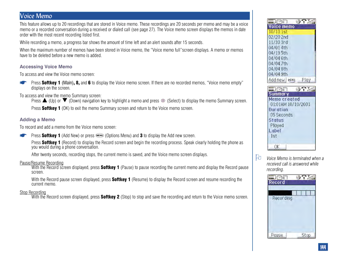 NEC 515 owner manual 144, Accessing Voice Memo, Adding a Memo 