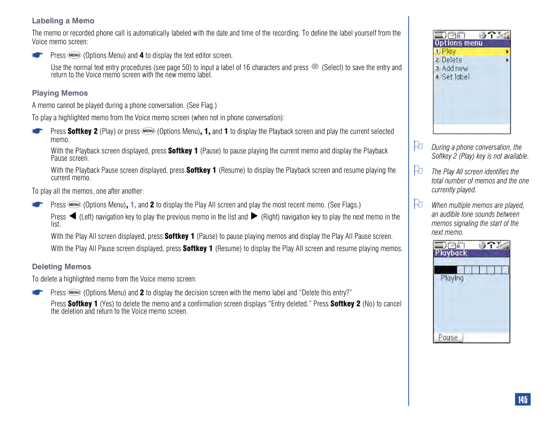 NEC 515 owner manual 145, Labeling a Memo, Playing Memos, Deleting Memos 