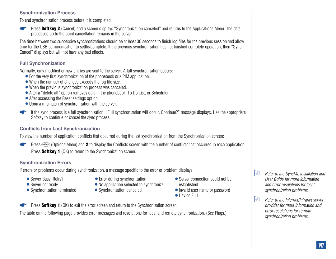 NEC 515 147, Synchronization Process, Full Synchronization, Conflicts from Last Synchronization, Synchronization Errors 