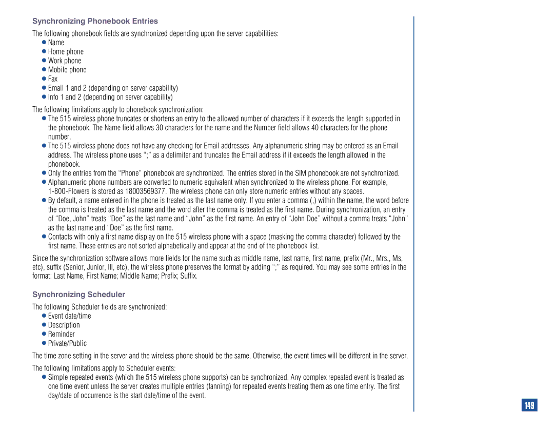 NEC 515 owner manual 149, Synchronizing Phonebook Entries, Synchronizing Scheduler 