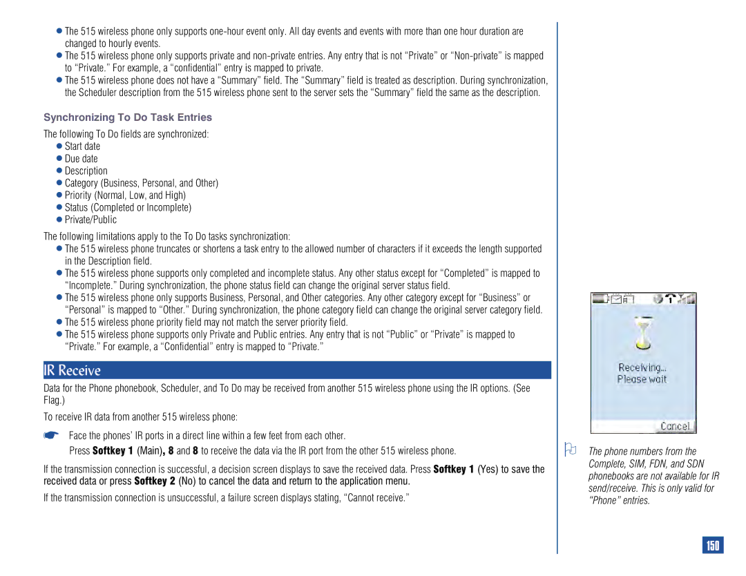 NEC 515 owner manual IR Receive, 150, Synchronizing To Do Task Entries 