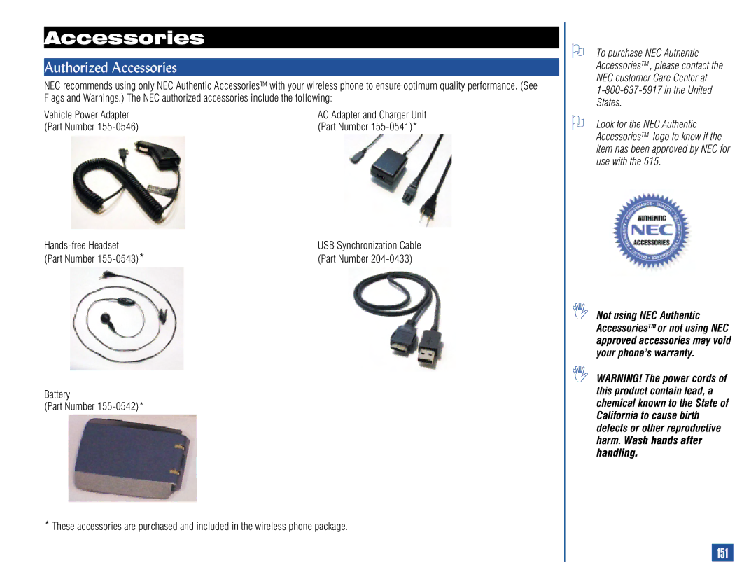 NEC 515 owner manual Authorized Accessories, 151, Part Number, Hands-free Headset 