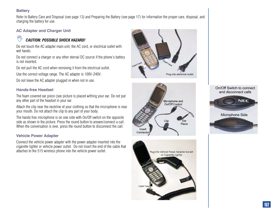 NEC 515 owner manual 152, AC Adapter and Charger Unit, Hands-free Headset, Vehicle Power Adapter 