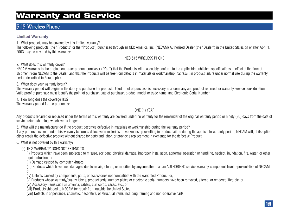 NEC 515 owner manual Warranty and Service, Wireless Phone, 159, Limited Warranty 