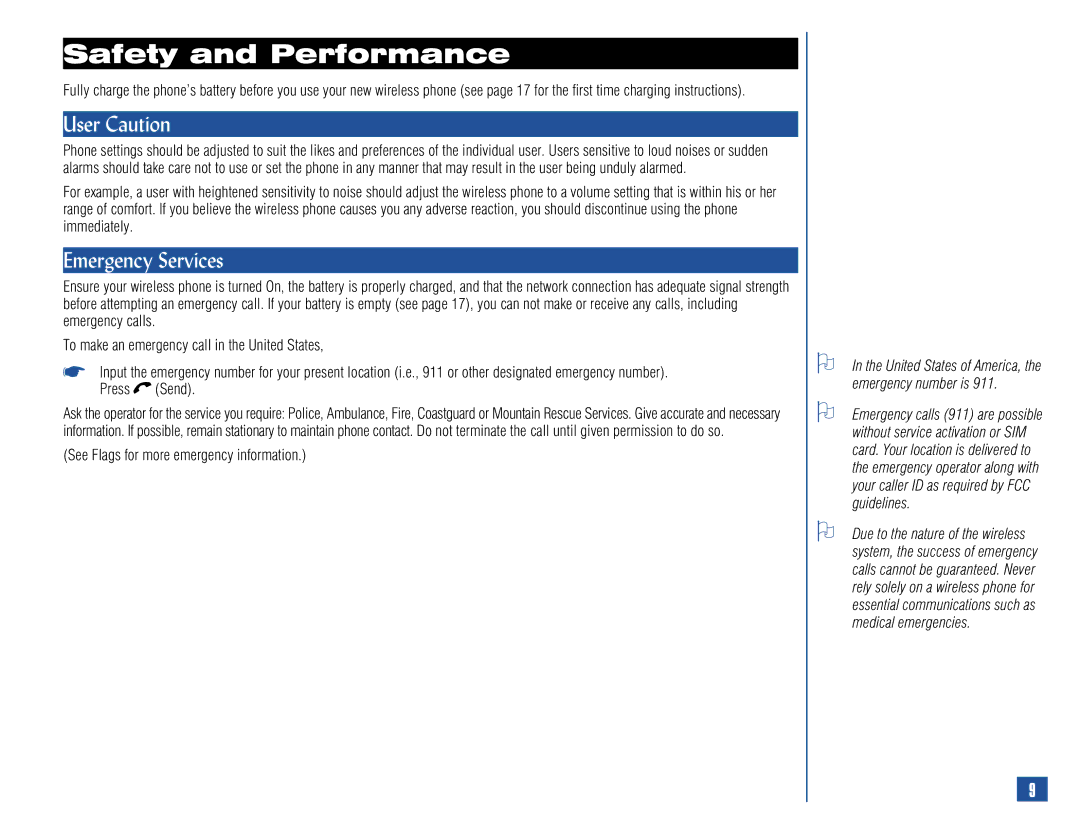 NEC 515 owner manual Safety and Performance, User Caution, Emergency Services, See Flags for more emergency information 